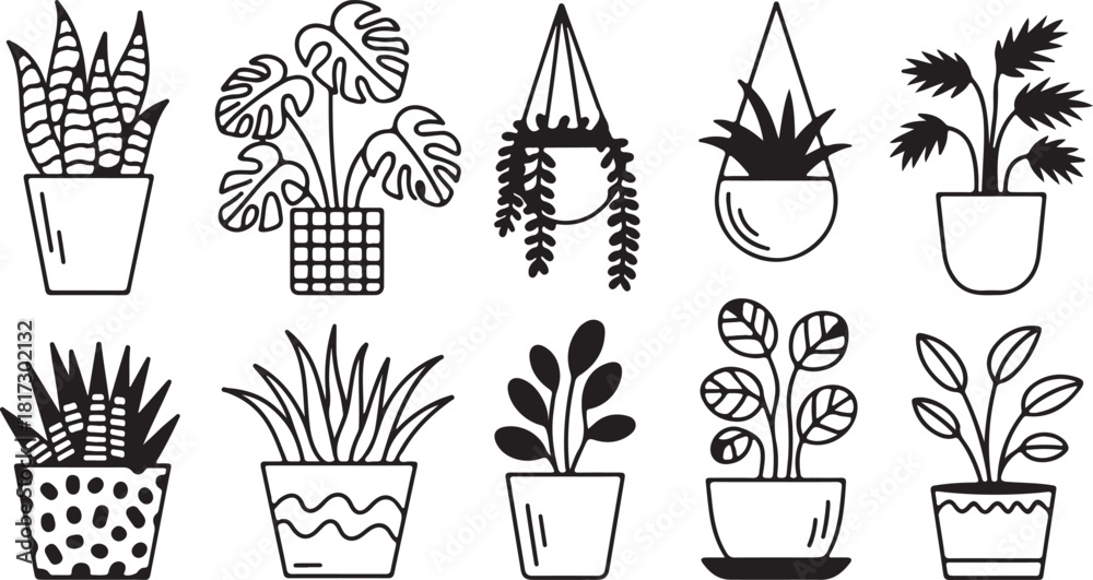 Naklejka premium Variety of potted houseplants presented in black outline showcases diverse foliage and pot styles