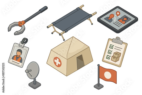 Disaster Relief Essentials. Isometric vector illustration set of Disaster relief: debris clearing tool, folding stretcher, crisis