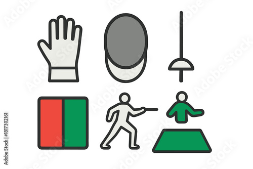 Fencing Gear Icons. Linear minimalistic fencing gear icon: glove, mask, épée, stance diagram, scoring light, footwork mat, smooth
