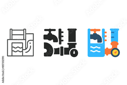 Water Flow Icons. Linear minimalistic water flow control icon: sluice gate, valve, turbine inlet, reservoir level marker, pipe