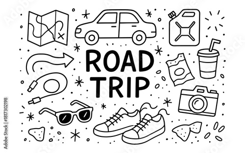 Doodle road trip essentials: map, car, and snacks in playful style
