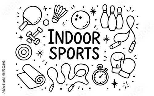 Indoor sports doodle set featuring bowling, badminton, and fitness equipment