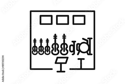 Concert Hall Icons. Linear minimalistic concert hall icon: violin row, cello row, brass instruments, percussion set, conductor