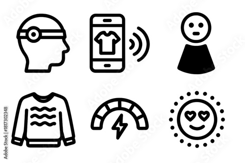 Brain-Computer Fashion Icons. Line style icons of Brain-Computer Fashion: wearable interface node, style change receiver, mood