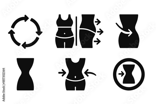 Body Contour Icons. Solid style icons of contour enhancement cycles: session cycle wheel, before-after body icon, visible tone