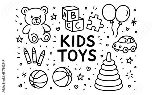 Playful kids toys outline: bear, puzzle, blocks, and balloons for fun learning