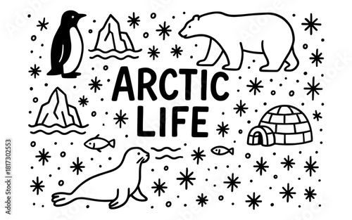 Arctic animals and landscape: polar bear, penguin, and igloo in a winter wonderland