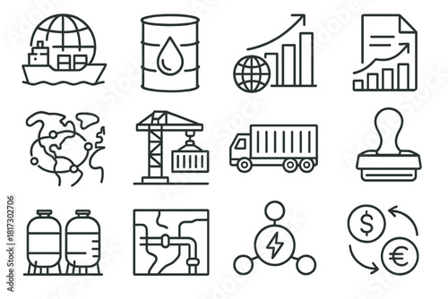 Global Energy Icon Set. Line style icons of Global Energy Trade: cargo ship, oil barrel, trade chart, export document; shipping
