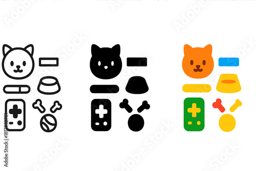 Virtual Companion Icons. Linear minimalistic virtual companion icon: pet avatar, stats meter, feeding bowl, toy set, mini game pad