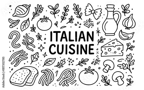 Hand drawn italian cuisine elements: cheese, pasta, and herbs