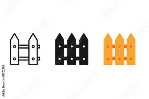 Minimalist Picket Fence Icons. Minimalist picket fence icon: three identical picket fences in a row, first in line style with thin