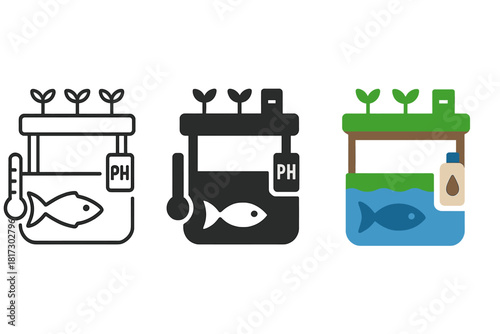 Aquaponics Farm Icons. Linear minimalistic aquaponics farm icon: grow bed, fish tank, water level indicator, pH sensor, nutrient