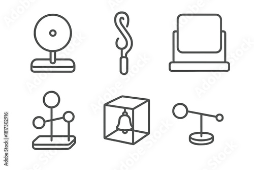 Line Style Sound Icons. Line style icons of small-scale sound objects: table-top chime disc, handheld vibration form, desktop echo