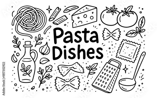 Doodle style italian cuisine elements featuring pasta and cooking utensils