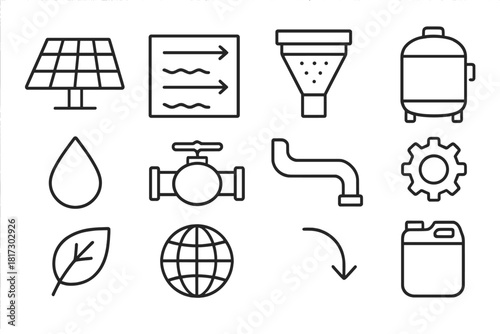 Sustainable Desalination Icons. Line style icons of Sustainable Desalination: Solar Panel, Reverse Osmosis, Filter, Tank; Water