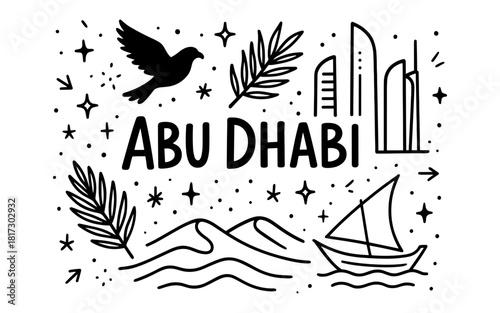 Abu dhabi skyline doodle with desert and traditional boat elements