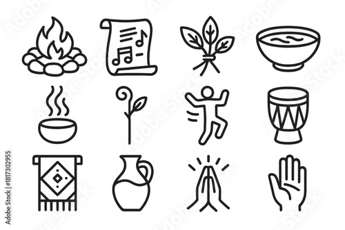 Healing Ritual Symbols. Line style icons of Healing Rituals: fire circle, chant scroll, herbal poultice, ritual bowl; incense
