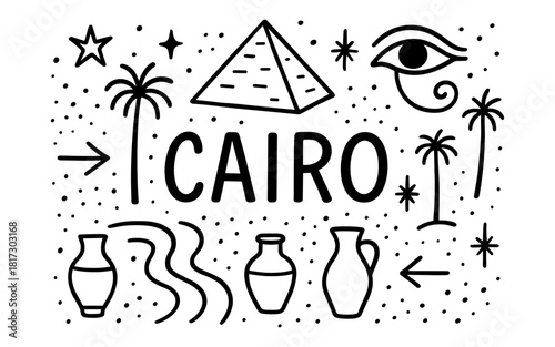 Hand-drawn cairo elements featuring pyramids and traditional symbols