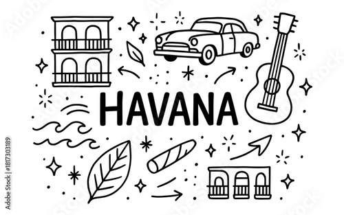 Havana doodle art: classic car, guitar, and iconic elements