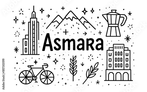 Asmara landmarks and lifestyle in linear icon design with bicycle and mountains