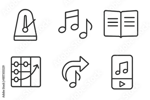 Session Flow Icons. Line style icons of session structure and flow: warm-up with rhythm icon, main activity with notes, reflection