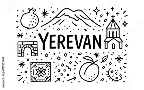 Yerevan icons in linear style featuring mount ararat and armenian symbols