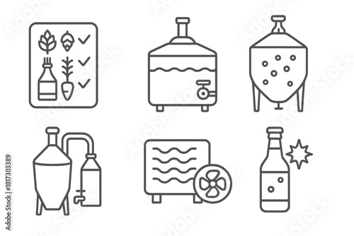 Brewing Process Icons. Line style icons of brewing process stages: ingredient selection board, mash tun icon, fermentation phase,