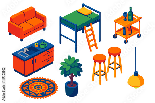 Colorful Loft Apartment Design. Isometric vector illustration set Interior layout – loft apartment sofa, loft bed, ladder; kitchen