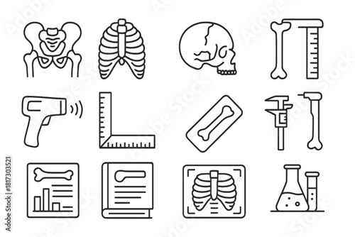 Skeletal Analysis Icons. Line style icons of Skeletal Analysis: pelvis bone, rib cage, skull fragment, tibia; bone scanner,