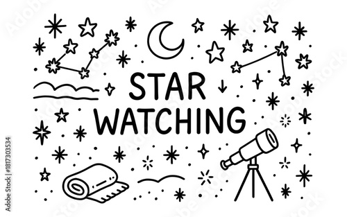Stargazing night: telescope, constellations, and celestial bodies in a linear style
