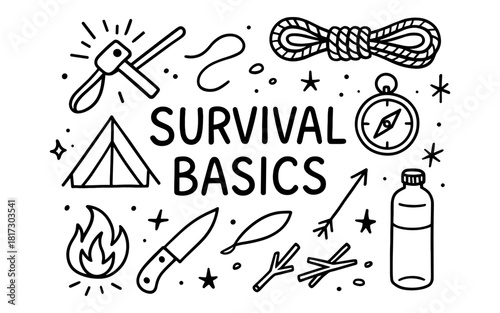 Essential outdoor camping and survival gear icon set in hand drawn style