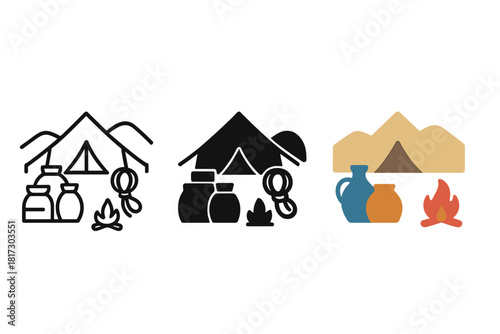 Desert Lifestyle Icons. Linear minimalistic desert lifestyle icon: nomad tent, camel rope gear, trade goods, water jar, sand dunes