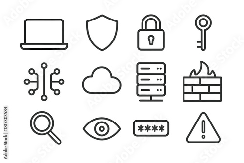 Cyber Ethics Icons. Line style icons of Cyber Ethics: Laptop, Shield, Lock, Key; Circuit, Cloud, Server, Firewall; Magnifying