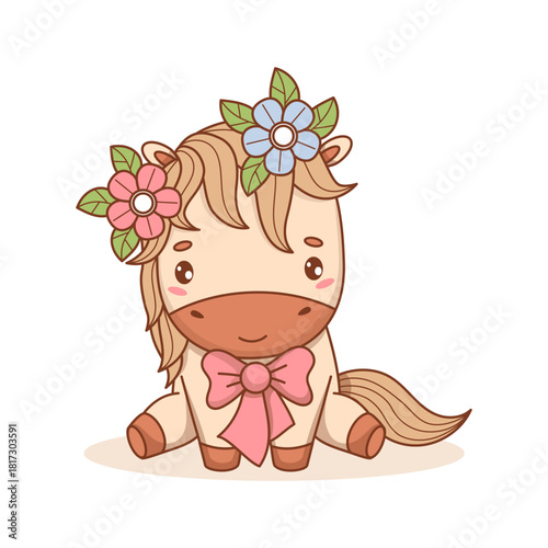 Little Horse Girl with Bow, Flower Wreath. Cute Holiday Pony Kawaii Animal. Vector illustration. Not AI