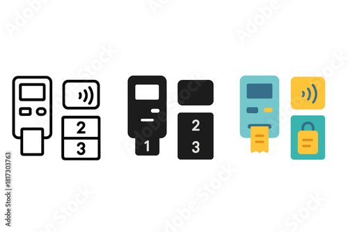 Fare System Icons. Linear minimalistic fare system icon: ticket machine, contactless card, fare zones, pass holder, coin slot,