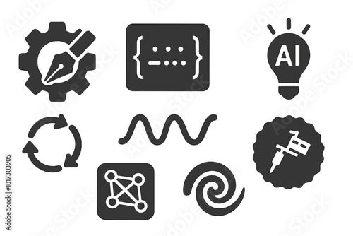 Tattoo Algorithm Icons. Solid style icons of tattoo design algorithms: gear with pen icon, generative code stroke, AI creativity