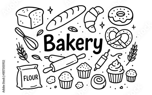 Hand drawn bakery elements: bread, pastries, and baking tools in doodle style