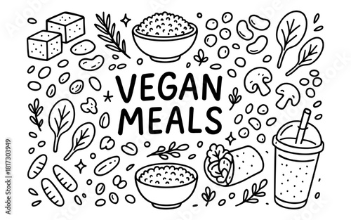 Doodle art of vegan meals with rice, vegetables, and smoothies