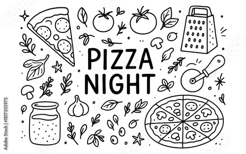 Pizza night doodles: black and white food art with toppings and kitchen tools