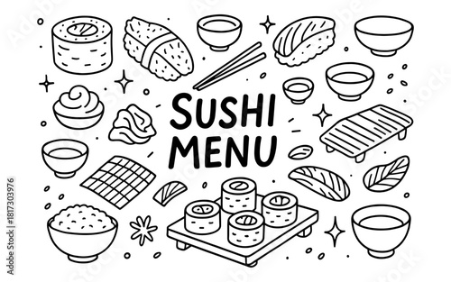 Hand drawn sushi menu with nigiri and maki rolls in doodle style