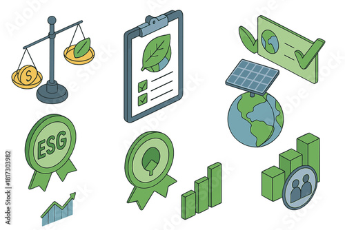 Ethical Investment Icons. Isometric vector illustration set of Ethical investing: ethical investment scale, eco-finance report,