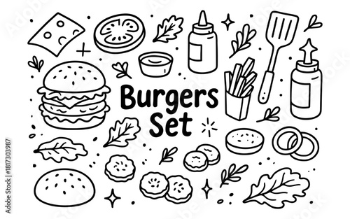 Burger ingredients doodle set with toppings and cooking tools