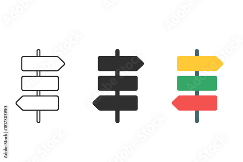 Street Sign Trio. Minimalist neighborhood sign icon: three identical street signs in a row, first in line style with thin outline,