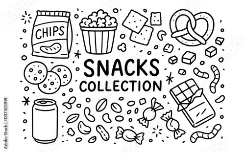 Snack doodle collection: sweet and savory treats in black and white