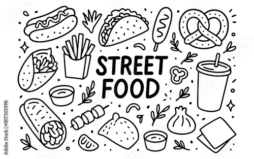 Street food doodle with snacks including taco, hot dog, and soft drink