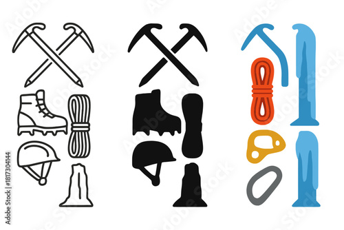 Vertical Ice Icon Collection. Linear minimalistic vertical ice icon: ice pick tools, crampon boots, rope coil, belay device,