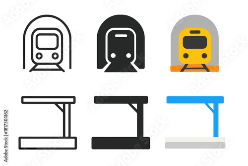 Minimal Subway Icons. Linear minimalistic subway icon: tunnel outline with train front, uniform line thickness, no fill, Solid