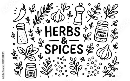 Hand drawn herb and spice collection with peppers, garlic, and seasoning jars