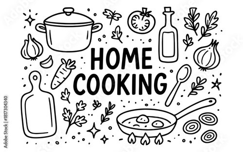 Home cooking doodle design with kitchen utensils and ingredients