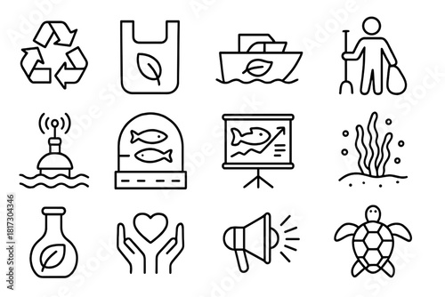 Sustainable Ocean Icons. Line style icons of Sustainable Ocean Practices: recycling symbol, biodegradable bag, eco-boat, cleanup